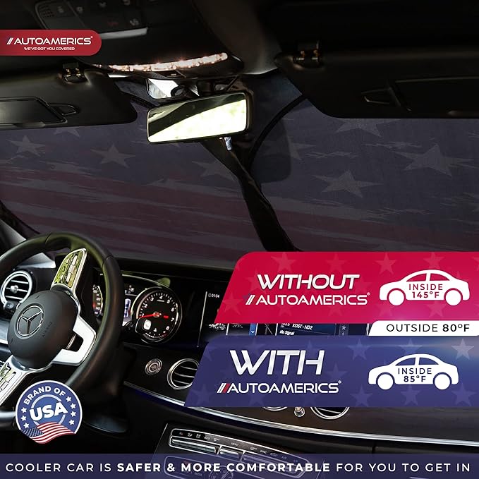 Autoamerics 1-Piece Windshield Sun Shade USA Art Flag - 2 American Design - Foldable Car Front Window Sunshade for Most Sedans SUV Truck - Blocks Max UV Rays and Keeps Your Vehicle Cool - Medium