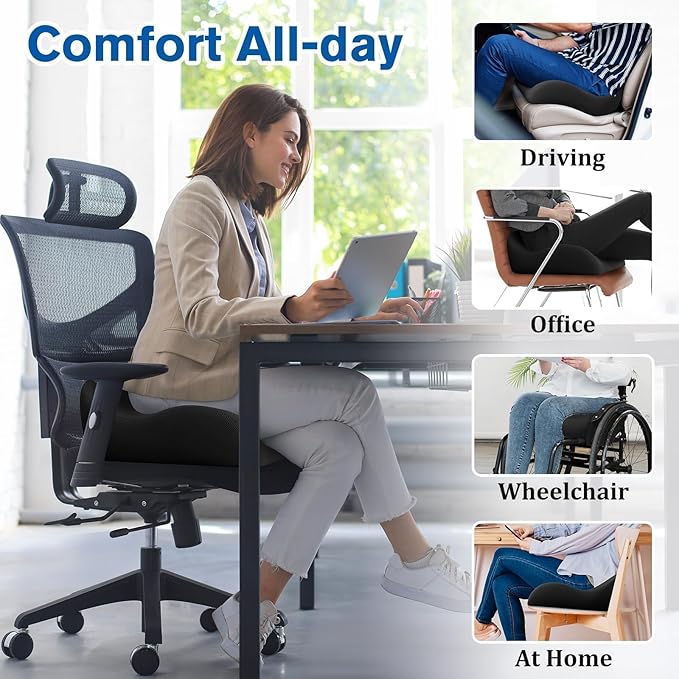 Seat Cushion Office Chair Cushion for Back & Tailbone & Sciatica Pain Relief, Black Memory Foam Desk Chair Cushion Pressure Relief Seat for Long Sitting Car Drivers, Office Worker