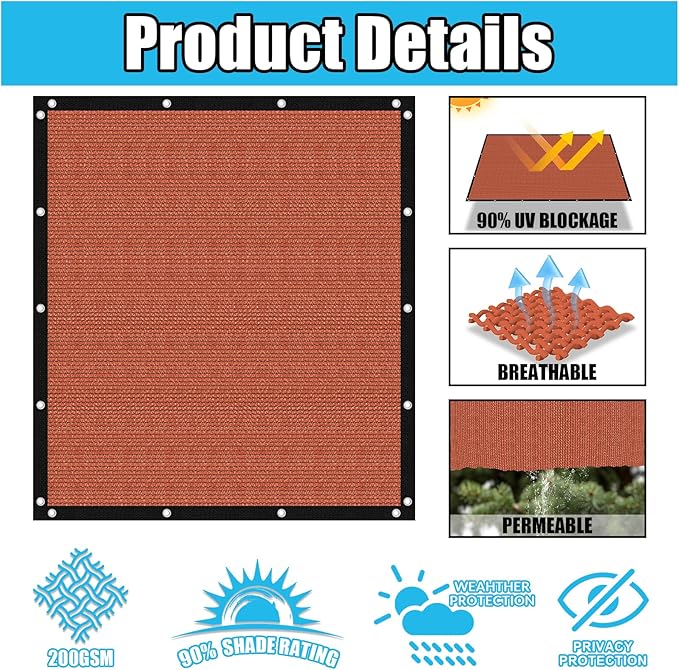 Amagenix 90% Pergola Shade Cover 7' X 8' Sun Shade Cloth with Grommets for Outdoor Garden Patio Porch, Commercial Grade 200 GSM - Cable Zip Ties Included (We Customized) GN108, Rust Red
