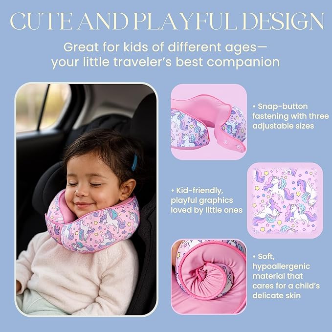 SKYTRAX® Certified Kids Safe Memory Foam Travel Neck Pillows for Kids and Toddlers, Cute Cartoon Design, Car Seat & Airplane Head Neck Support, Adjustable Snap Buttons, Washable Soft Cover (Unicorn)