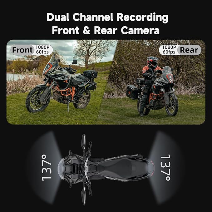 HFK HM201 Motorcycle Dash Cam, 1080P +1080P Motorcycle Camera Front and Rear, Stealth Design, IP67 Waterproof, 5G WiFi, Loop Recording, G-Sensor, Built in eMMC 64GB Storage, Support 512GB Max