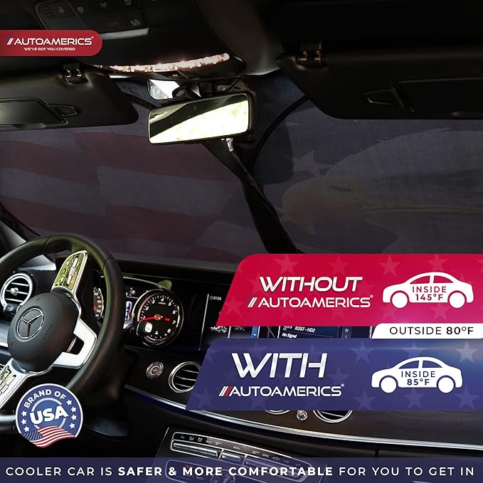 Autoamerics 1-Piece Windshield Sun Shade American Eagle Flag - 3 USA Patriotic Design - Foldable Car Front Window Sunshade for Sedans SUV Truck - Blocks Max UV Rays and Keeps Your Vehicle Cool Medium