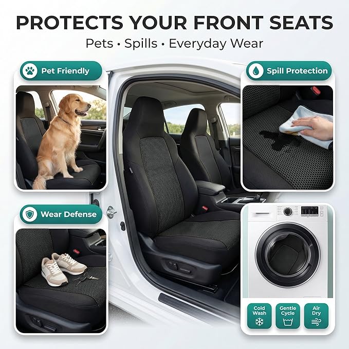 FH Group Car Seat Covers High Back Classic Cloth Front Pair Set with Gift, Easy to Install - Universal Fit for Cars, Trucks & SUVs (Black) FB102102