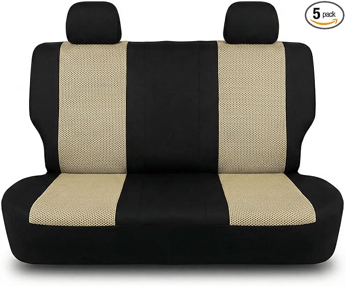 FH Group Automotive Rear Car Seat Covers for SUV, Trucks, Sedan and More - Universal Fit Rear Solid Bench Design Interior Accessories - 3D Mesh Fabric Center Panel - Beige
