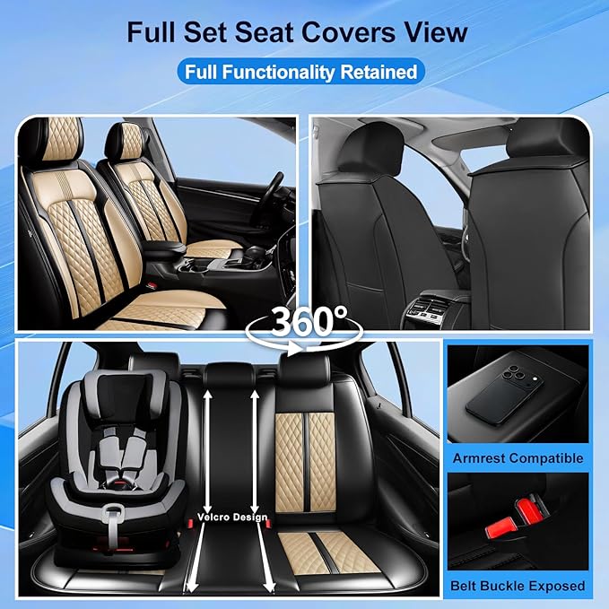 Car Seat Covers for Select Honda Fit 2007-2020, Premium Full Coverage Leather, Airbag Compatible& Scratch-Resistant, Waterproof & All Weather Breathable Seat Protector, Full Set, Black+Beige
