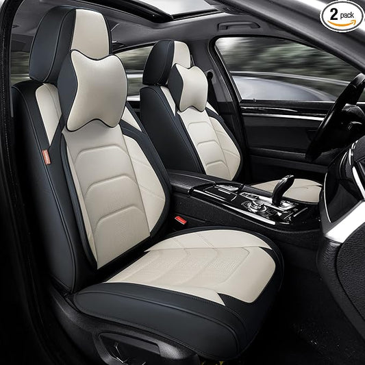 Car Seat Covers Front Pair, Breathable Nappa Leather Car Seat Cushions 2PCS, Auto Interiors Universal Fit for Most Cars, Compatible Automotive Vehicles(Sedan/SUV/Van), Black & White
