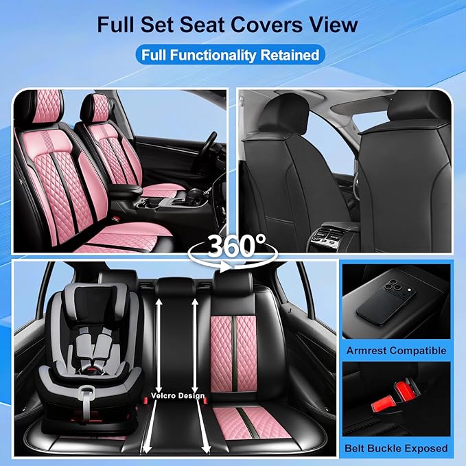 Fit Tahoe Car Seat Covers for Select Chevrolet/Chevy Tahoe 2000-2025 2026 - Full Coverage Leather, Waterproof & All Weather Seat Cushion Protector, Black+Pink