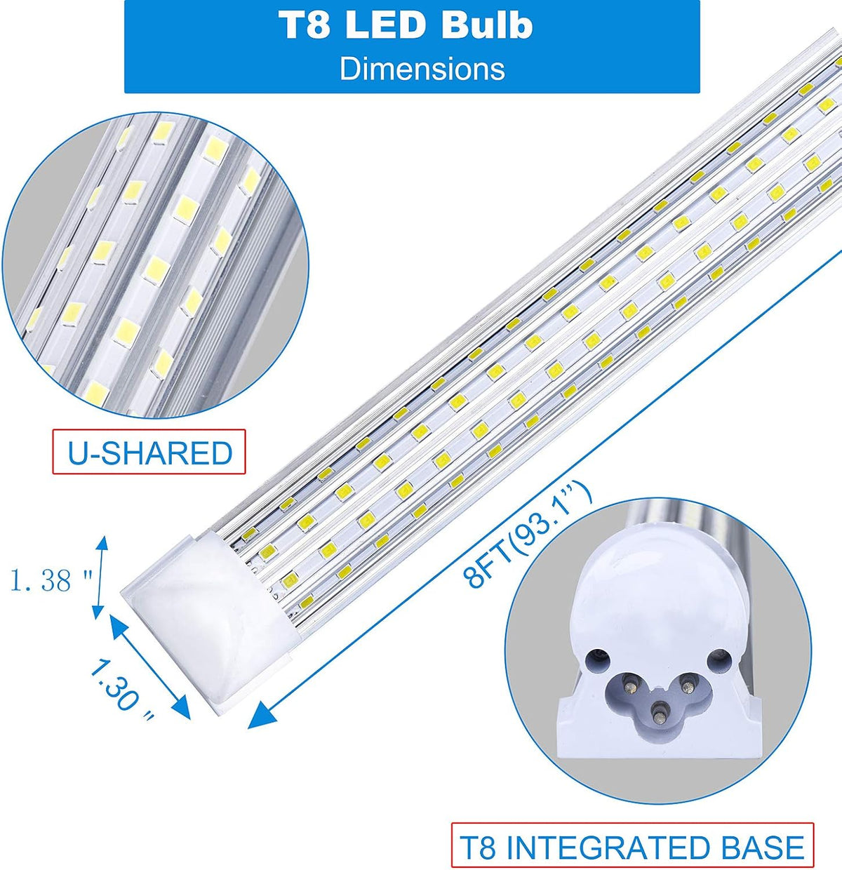 (6-Pack) 8ft LED Shop Light Fixture, 144W 18500LM 6000K, Cold White, U Shape, Clear Cover, Hight Output, Linkable Shop Lights, T8 LED Tube Lights, 8 LED shop lights for garage 8 foot with plug