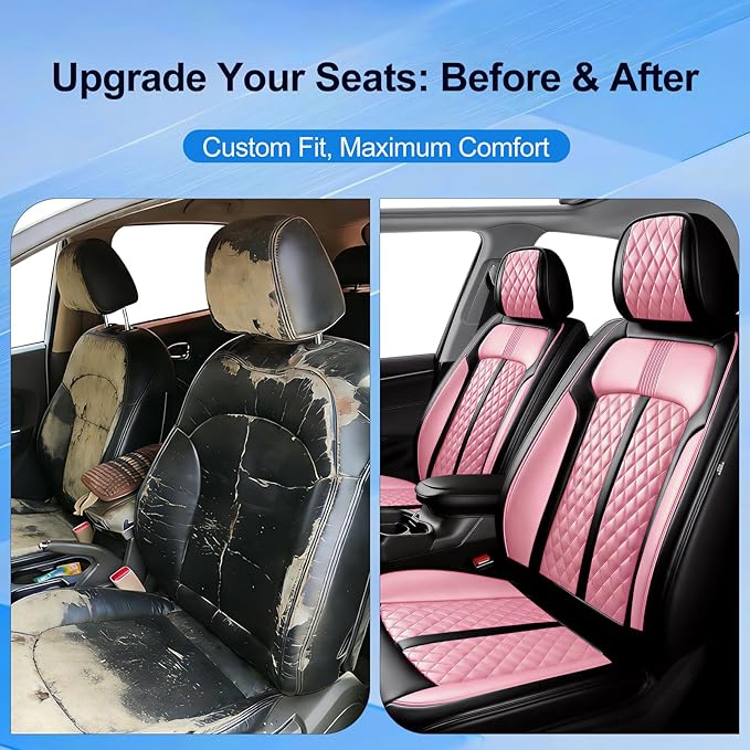 Fit CX-7 Car Seat Covers for Select Mazda CX7 2006-2012, Premium Full Coverage Leather, Airbag Compatible, Waterproof All Weather Seat Protector, Front Pair Black+Pink