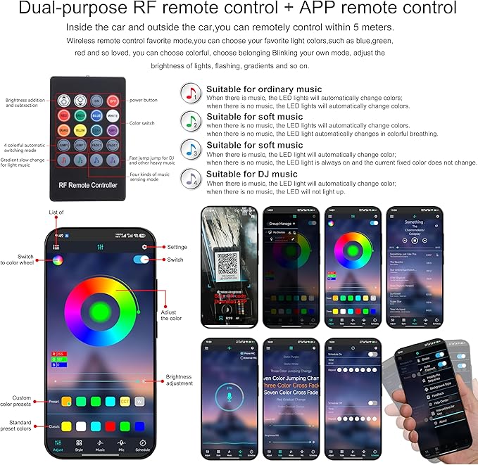 Car Ambient Lighting 64 Colors Multicoloured Music Optic Fiber RF Remote Controller + APP Control Car DIY Decorative Atmosphere Lighting Kit DC 12V 1W 5m