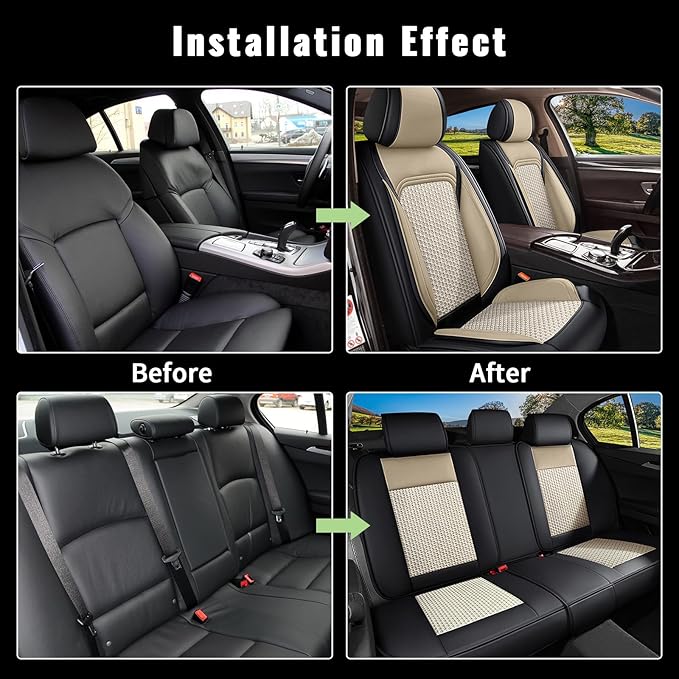 Car Seat Covers fit for Acura TL 2004-2014, 5 Seats Full Set Breathable Cooling Ice Silk Leather Car Seat Covers, Vehicle Seat Protector Seat Cushion Automotive Accessories (Black&Beige)