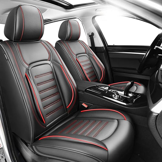 Fit HRV Premium Leather Car Seat Covers Compatible with Honda HRV 2016-2026, Breathable, Wear Resistant, Airbag Compatible, All-Weather Protection & Full Coverage, 2 Front Seat Red Line Black