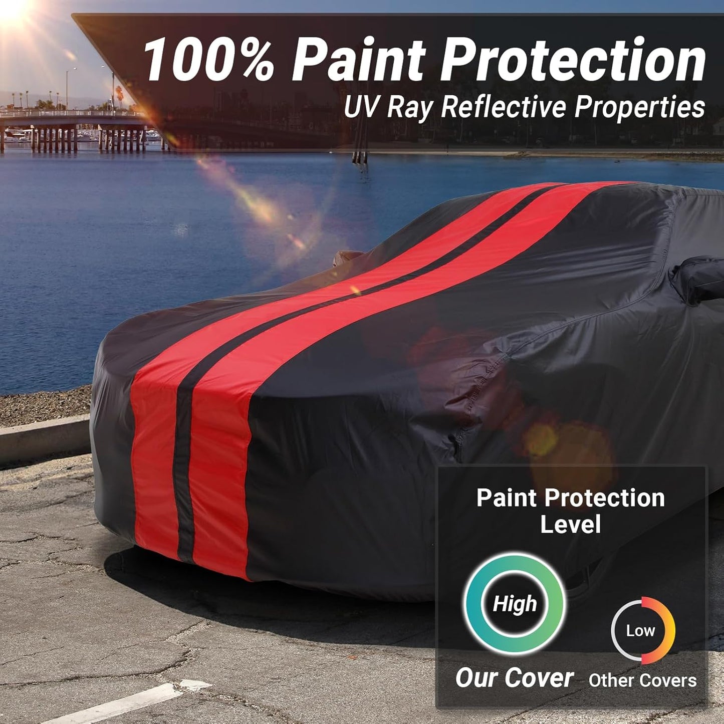 iCarCover Custom Car Cover for Chevy Cavalier (1988-2005) Waterproof All Weather Rain Snow UV Sun Protector Full Exterior Indoor Outdoor Car Cover (Stripe - Black/Red)