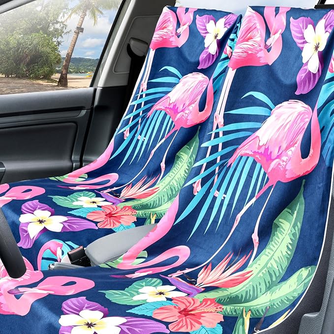 2 Pack Car Seat Towel Covers with Storage Bag 63 x 32 Inch Athletic Running Towel Seat Sweat Washable Non Slip Cover Gift for Car Outdoor Sport Activities (Flamingos)