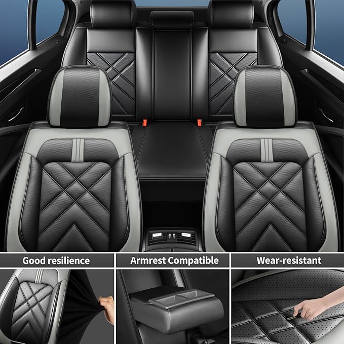 Car Seat Covers Compatible with Mazda 6 2007-2021, Full Coverage Premium Leather Waterproof Breathable Seat Covers, Automotive Seat Protectors, Airbag Compatible(Full Set Seats, Black Gray)