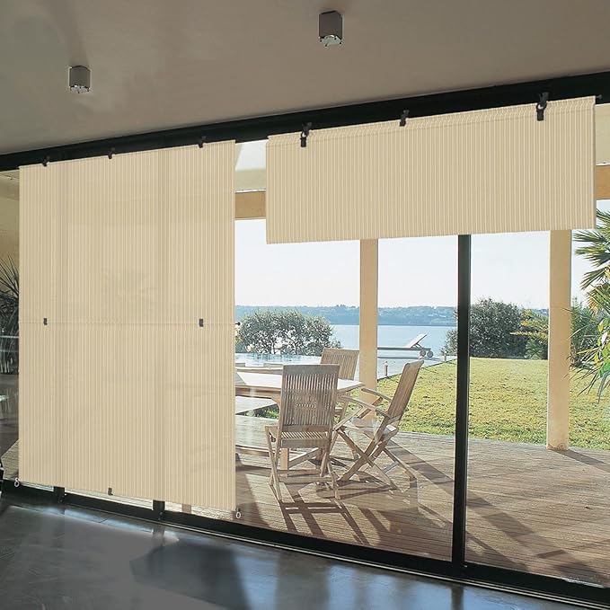 Bynbbur 4'W x 8.5'H Outdoor Patio Shades Foldable Roller Blinds, 220 GSM Sun Shade Roll Up Porch Screens Exterior Shade Cloth for Deck Pergola Backyard, Beige