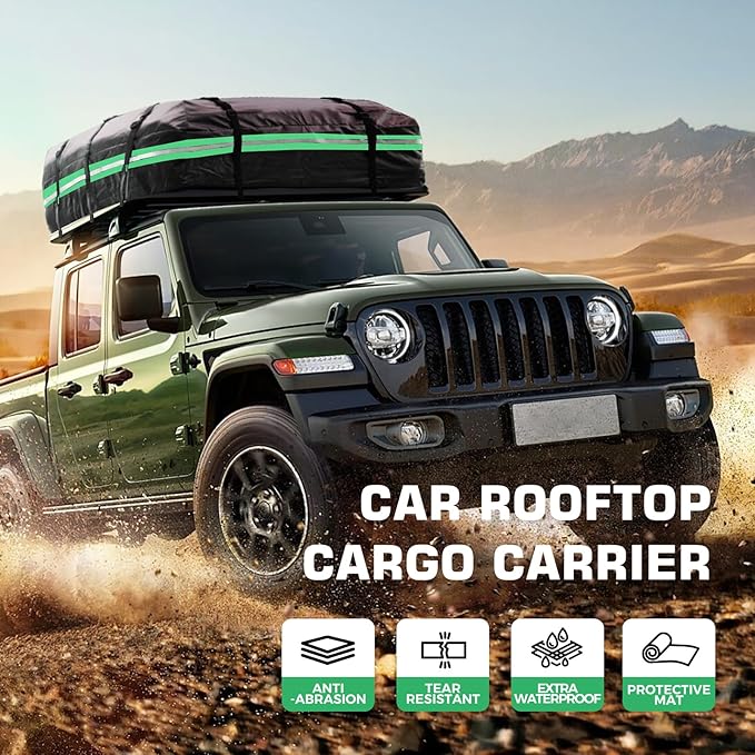 Car Rooftop Cargo Carrier Bag, Waterproof 20 Cubic Feet Car Roof Bag for All Vehicle with/Without Racks -Anti-Slip Mat, 8 Reinforced Straps, 6 Door Hooks,2 Extra Straps, Luggage Locks (Green)