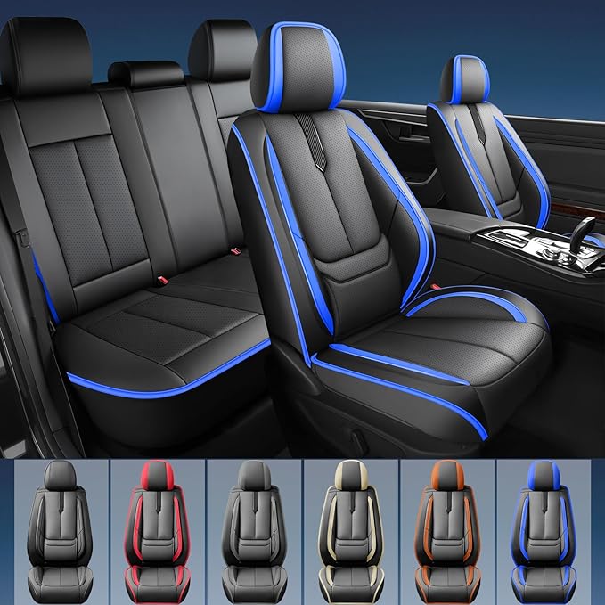 Fit Camry Car Seat Covers for Toyota Camry 2012-2024 2025 2026 -Upgraded Premium Waterproof & Breathable Leather,Airbag Compatible,All-Weather Seat Cushion Protector,2 Front/Black-Blue