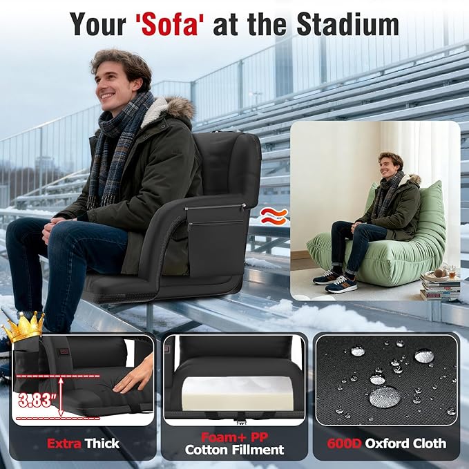 Suteck Extra Wide Heated Stadium Seats with Back Support 2 Pack, Portable Sofa Style Bleacher Chair with Back and Cushion, Armrest, Ideal for Outdoor Stadiums and Events -23" Wide
