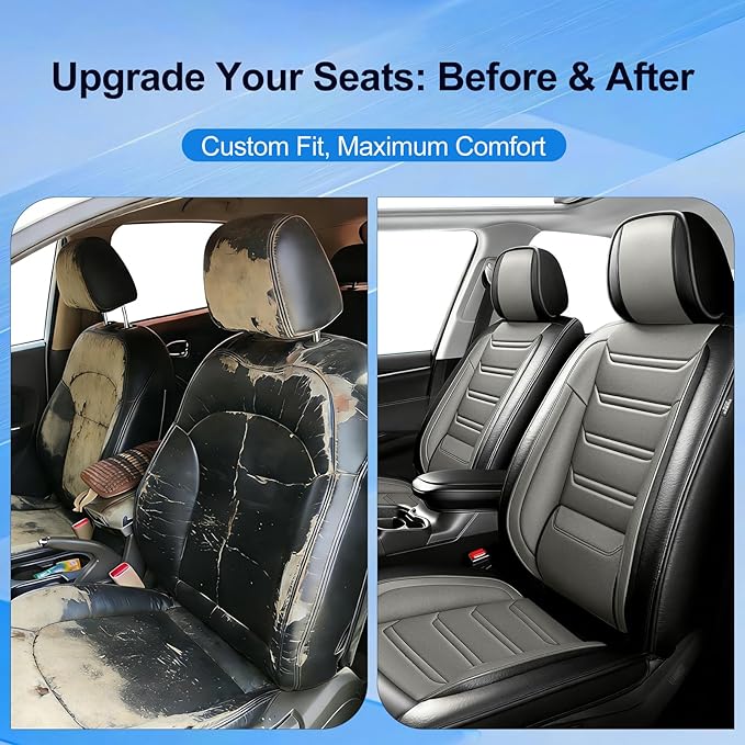 Fit Mazda 3 Car Seat Covers for Select Mazda 3 2010-2019 - Full Coverage Leather, Airbag Compatible, Waterproof & All Weather Seat Cushion Protector, Full Set, Black+Gray