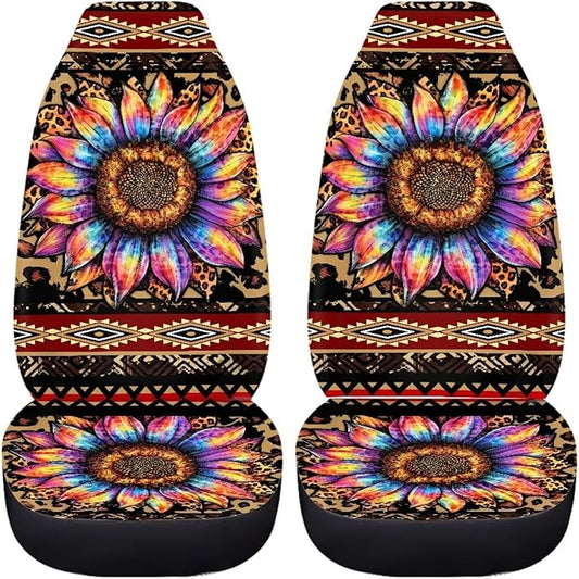 BIGCARJOB Native Tribal Sunflower Car Seat Covers Set Universal Car Interior Seat Rugs 2 Pcs Aztec Sunflower Auto Front Seat Protector Set Sunflower Car Accessories