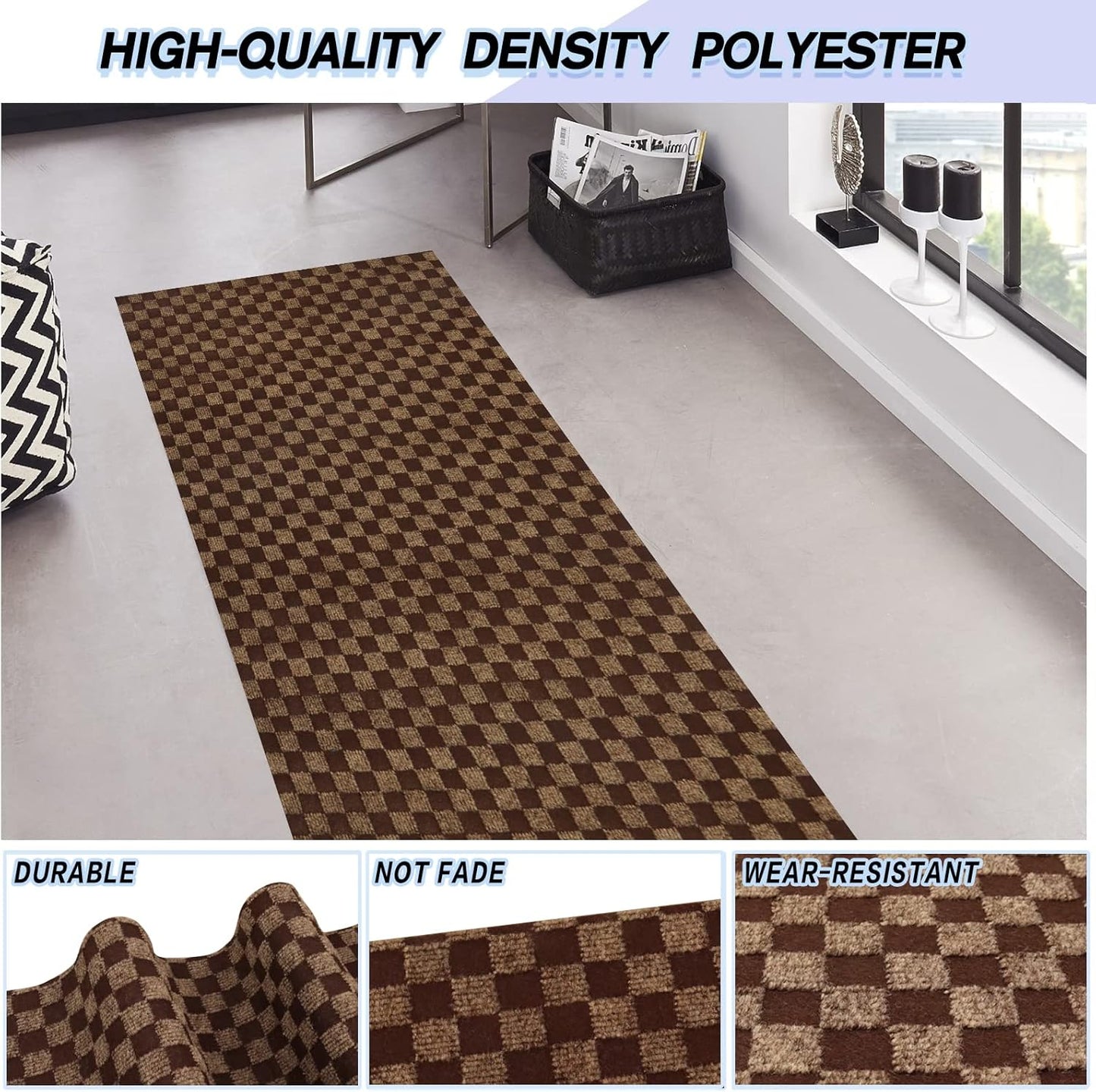 Custom Size Backed Non-Slip Area Rugs Runner, Easy Clean, Waterproof Runner Rugs for Hallway Entryway, Kitchen, Laundry, 2FT x 14FT, Brown Checkered