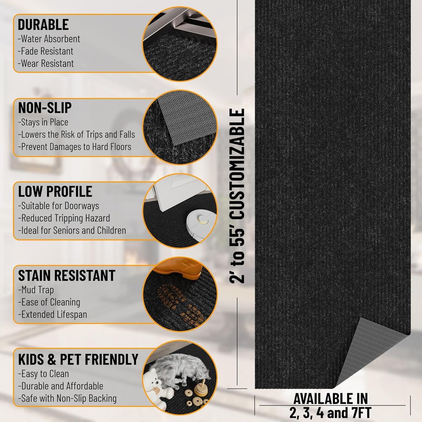 Ottomanson 2' x 44' Hallway Runner with Scraper Pile Extra Durable Non-Slip Rug Mat for Indoor & Outdoor Use - Ideal for Kitchen, Entryway, Patio & Garage - High-Traffic Carpet, Black