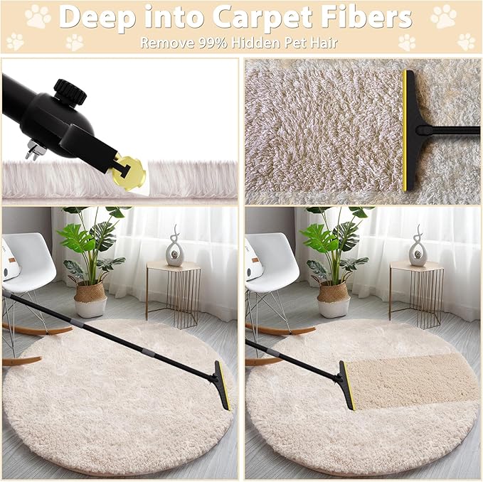 B-Land Carpet Rake for Pet Hair Removal, Reusable Pet Hair Remover with 60” Adjustable Long Handle, Carpet Scraper Dog Cat Hair Remover Tool for Rugs, Mats, Couch, Furniture-Black Pole