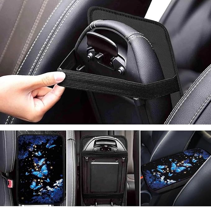 Dreaweet Car Armrest Cover Blue Butterfly Car Accessories Center Console Cover with Pockets,Soft Arm Rest Cover for Car SUV Truck Sedan Van