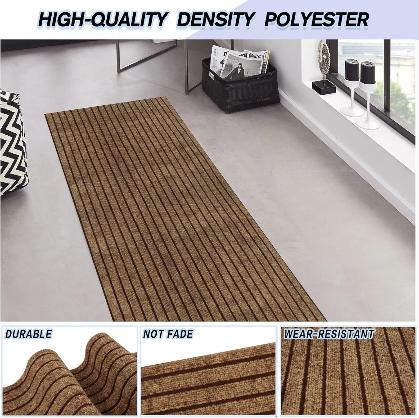 Custom Size Backed Non-Slip Area Rugs Runner, Easy Clean, Waterproof Runner Rugs for Hallway Entryway, Kitchen, Laundry, 2FT x 36FT, Brown Stripe