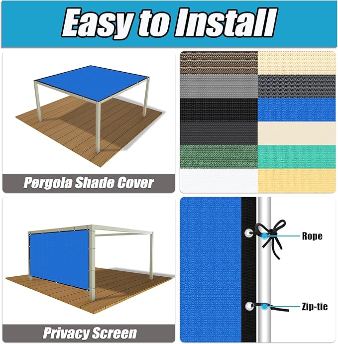 Amagenix 90% Pergola Shade Cover 6' X 12' Sun Shade Cloth with Grommets for Outdoor Garden Patio Porch, Commercial Grade 200 GSM - Cable Zip Ties Included (We Customized) GN108, Blue