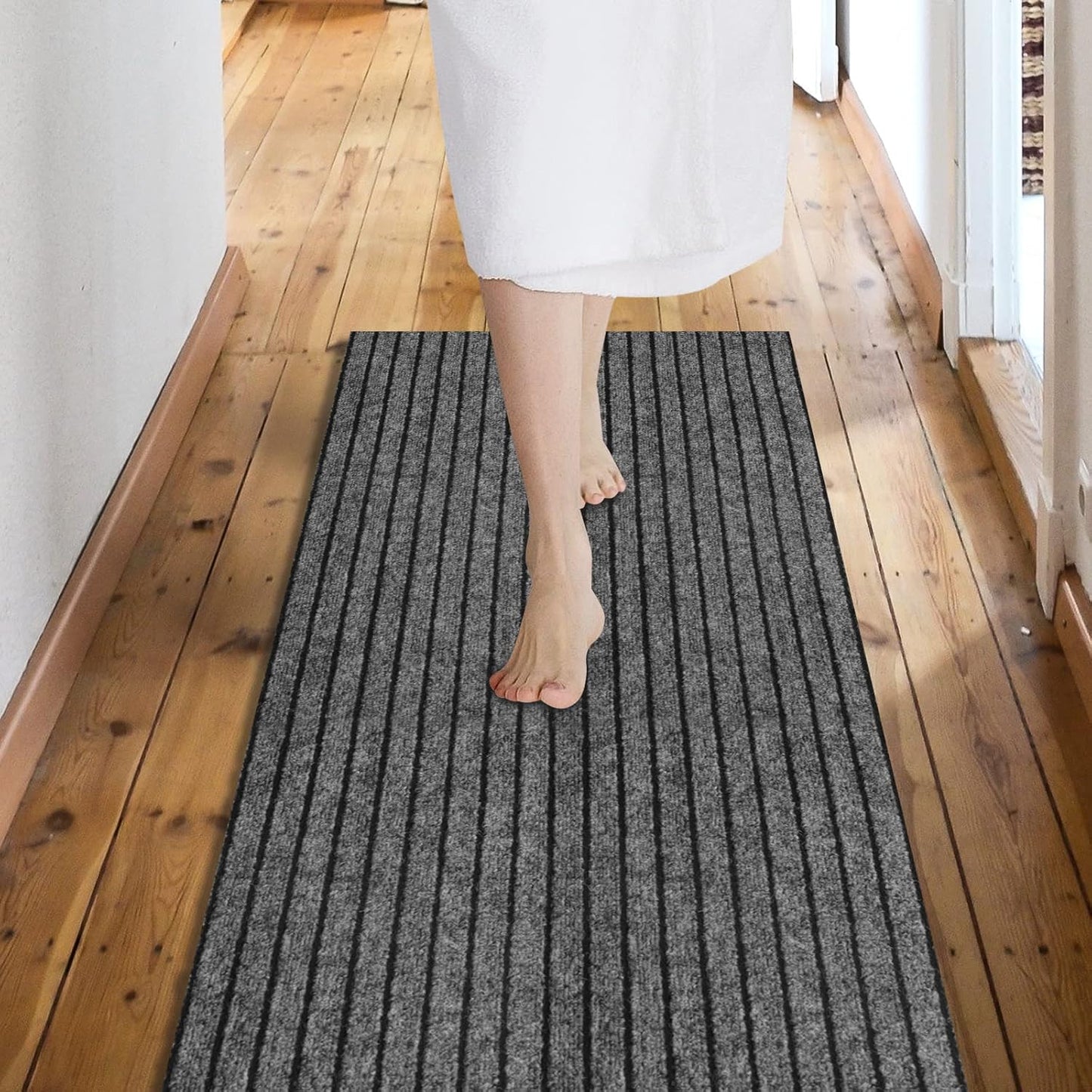 Custom Size Backed Non-Slip Area Rugs Runner, Easy Clean, Waterproof Runner Rugs for Hallway Entryway, Kitchen, Laundry, 3FT x 80FT, Gray Stripe
