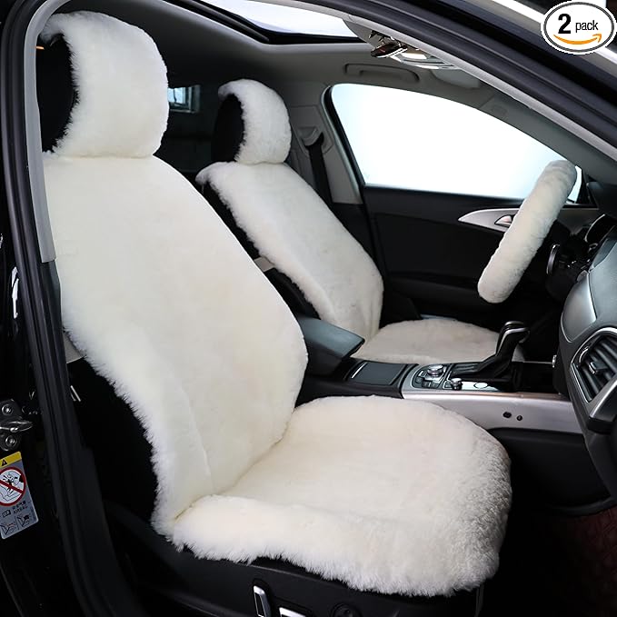 Natural Fur Sheepskin Universal car seat Covers for seat Cushion Auto Accessories (Pearly White, Universal Fit Pack of 2)