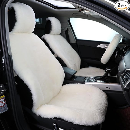 Natural Fur Sheepskin Universal car seat Covers for seat Cushion Auto Accessories (Pearly White, Universal Fit Pack of 2)