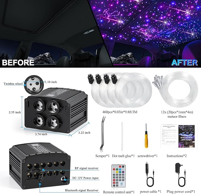 4 Colors 32W Twinkle & Meteor Starlight Headliner Kit for Car Home, 2-in-1 Light Engine 460pcs*0.03in*9.8ft+240 RGBW Fiber Optic Cable Shooting Car Star Sky Roof Lights, Ceiling Star Lights for Car