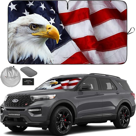 Autoamerics 1-Piece Windshield Sun Shade American Eagle Flag - 3 USA Patriotic Design - Foldable Car Front Window Sunshade for Sedans SUV Truck - Blocks Max UV Rays and Keeps Your Vehicle Cool Medium