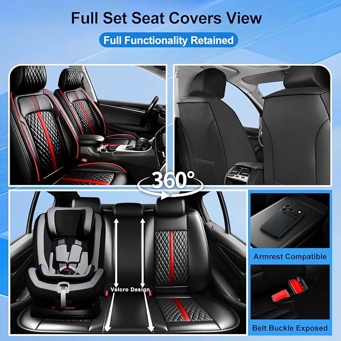 Fit CX-30 Car Seat Covers for Select Mazda CX30 2020-2025 - Premium Full Coverage Leather, Airbag Compatible, Luxury Waterproof All Weather Breathable Seat Protector, Full Set, Red Trim