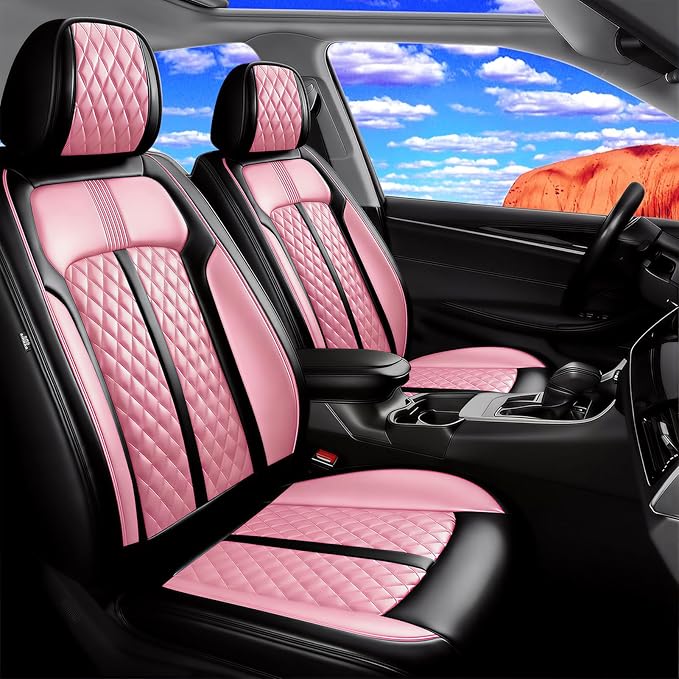 Fit RAV4 Car Seat Covers for Select Toyota RAV 4 2013-2026/RAV4 Hybrid - Premium Full Coverage Leather, Airbag Compatible, Waterproof & All Weather Seat Protector, Front Pair Black+Pink