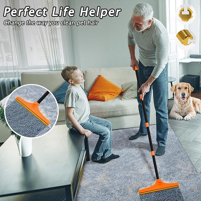 Carpet Rake for Pet Hair Removal - Reusable Pet Hair Remover, 60” Adjustable Long Handle Cat Dog Carpet Rake Scraper, Dog Hair Rake Brush for Rugs, Mats, Couch