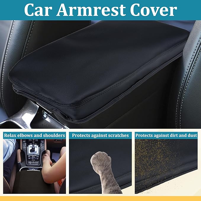 Center Console Cover Compatible with Toyota RAV4 Accessories 2020-2025 and 2021-2025 RAV4 Prime, PU Leather Middle Console Lid Cover, Seat Protector Armrest Cushion Pad (Black with Black Stitches)