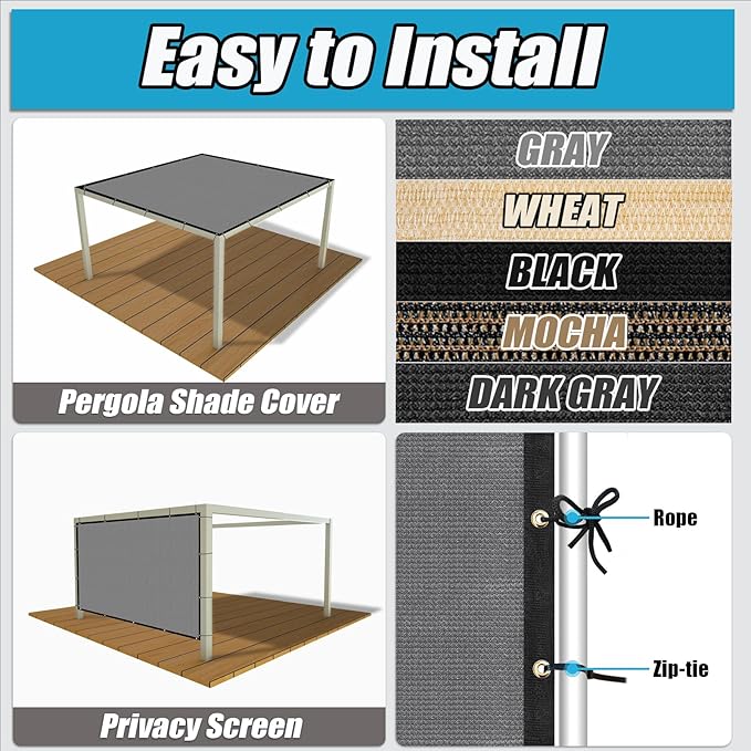 Amagenix 90% Shade Fabric 8'X 15' Gray Sun Shade Cloth with Grommets for Pergola Replacement Shade Cover Canopy, Heavy Duty, Cable Zip Ties Included (We Customized)