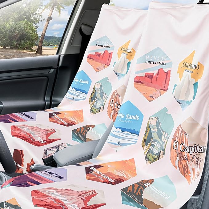 2 Pack Car Seat Towel Covers with Storage Bag 63 x 32 Inch Athletic Running Towel Seat Sweat Washable Non Slip Cover Gift for Car Outdoor Sport Activities (Mixed Landscapes)