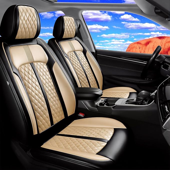Fit CRV Car Seat Covers for Select Honda CR-V 2011-2026 - Premium Full Coverage Leather, Airbag Compatible, Waterproof & All Weather Seat Protector, Airbag Compatible, Front Pair Black+Beige