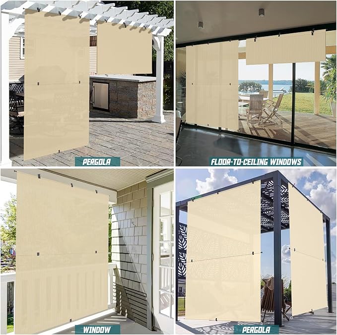 Bynbbur 6'W x 11'H Outdoor Patio Shades Foldable Roller Blinds, 220 GSM Sun Shade Roll Up Porch Screens Exterior Shade Cloth for Deck Pergola Backyard, Beige