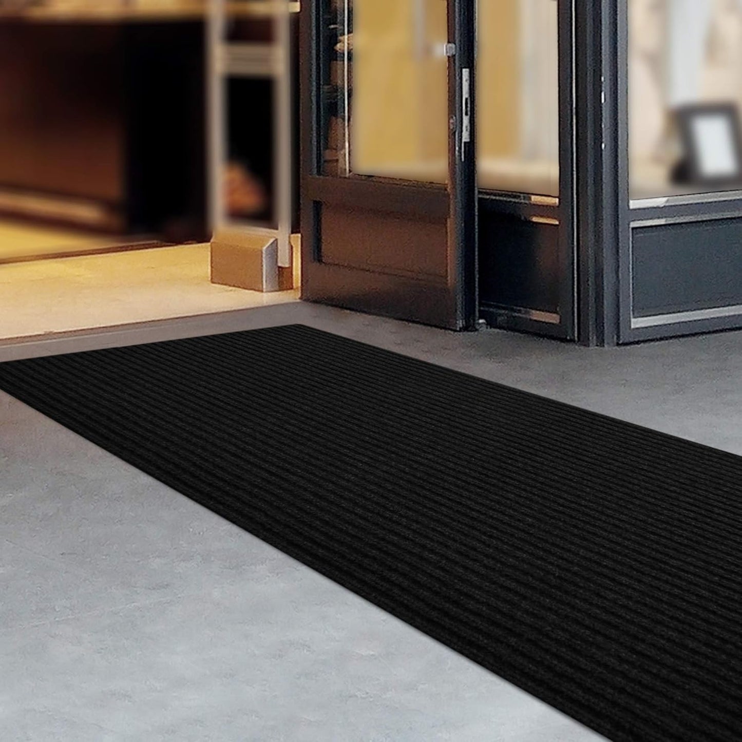 iCustomRug Spartan Weather Warrior Indoor/Outdoor Utility Ribbed Carpet Runner with Non-Slip Thermoplastic Rubber Backing, 28in X 72ft in Black