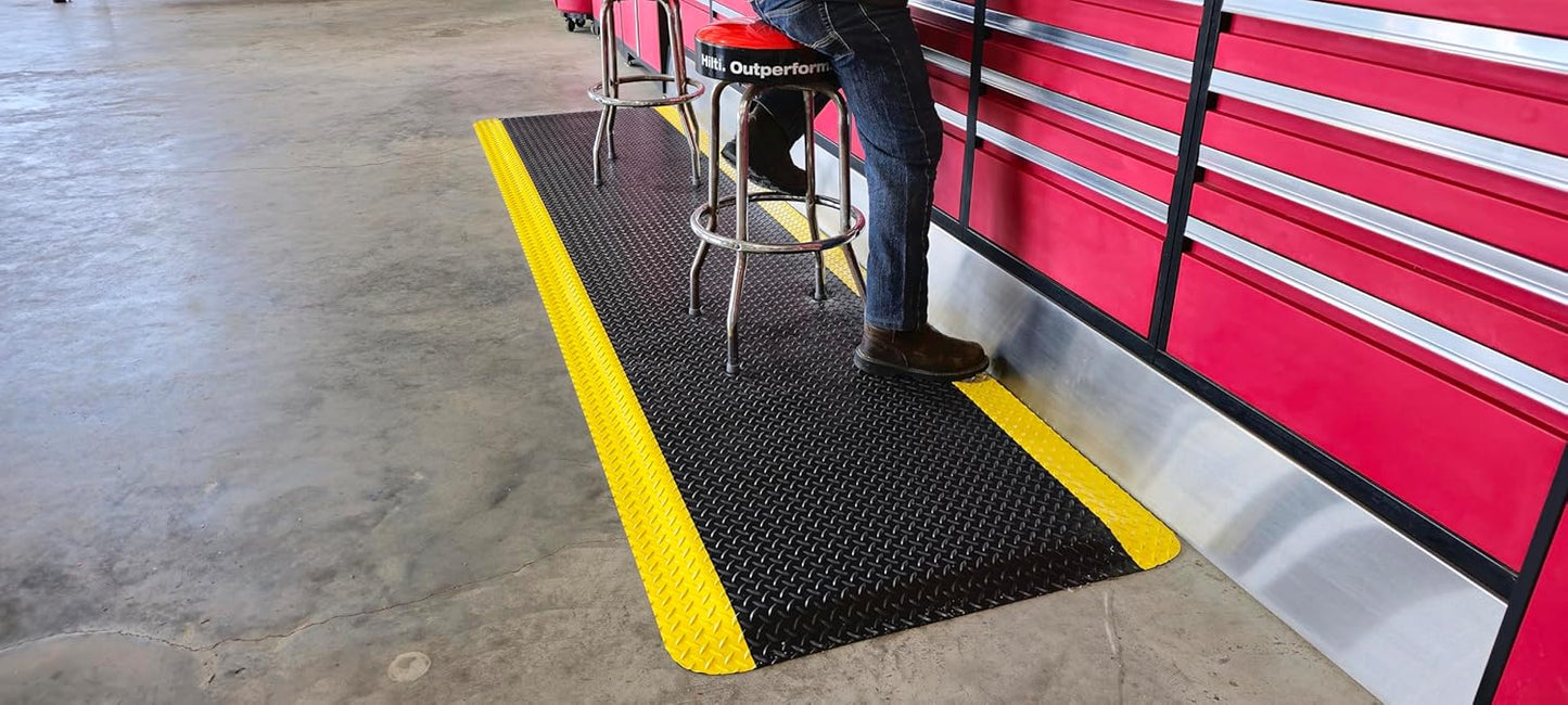 Rhino Mats, American Classic Diamond Anti-Fatigue Mats, Industrial Ergonomic Comfort Standing Mat for Work, Home, Garage, Office, Kitchen or Anywhere (Black/Yellow 1" Thick, 2 FT. x 12 FT.)