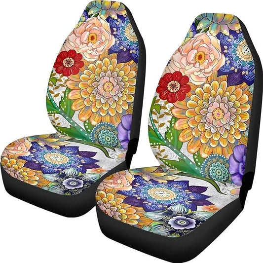 Boho Mandala Flowers Print Car Front Seat Cover Set of 2, Auto Bucket Seats Protector Universal Car Accessories Interior Decor for Women Men