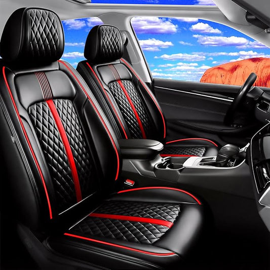 Car Seat Covers (Front Pair) for Select Honda Fit 2007-2020 - Premium Full Coverage Leather, Airbag Compatible & Scratch-Resistant, Waterproof & All Weather Seat Protector, Red Trim