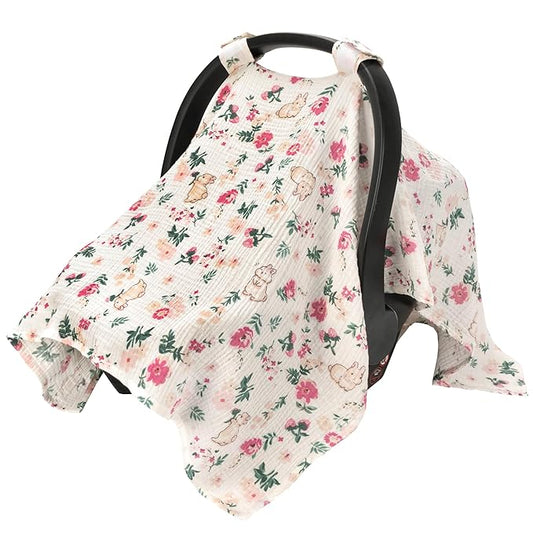 SERAPHY 100% Muslin Cotton Car Seat Covers for Babies, Universal Baby Car Seat Cover, Breathable Muslin Carseat Cover Canopies for Boys and Girls, Soft Infant Car Seat Cover for Summer — Rabbits