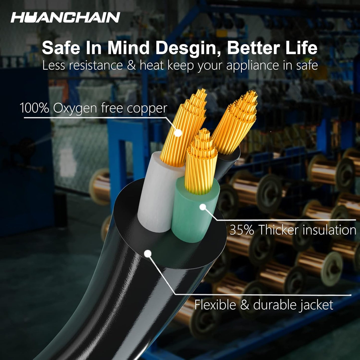 HUANCHAIN Black Outdoor Extension Cord 100 FT Waterproof, Flexible 16/3 Gauge Heavy Duty Power Cord Extension 3 Prong 10A 1250W SJTW ETL Listed